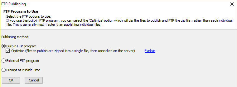 Available FTP Publishing Options.
